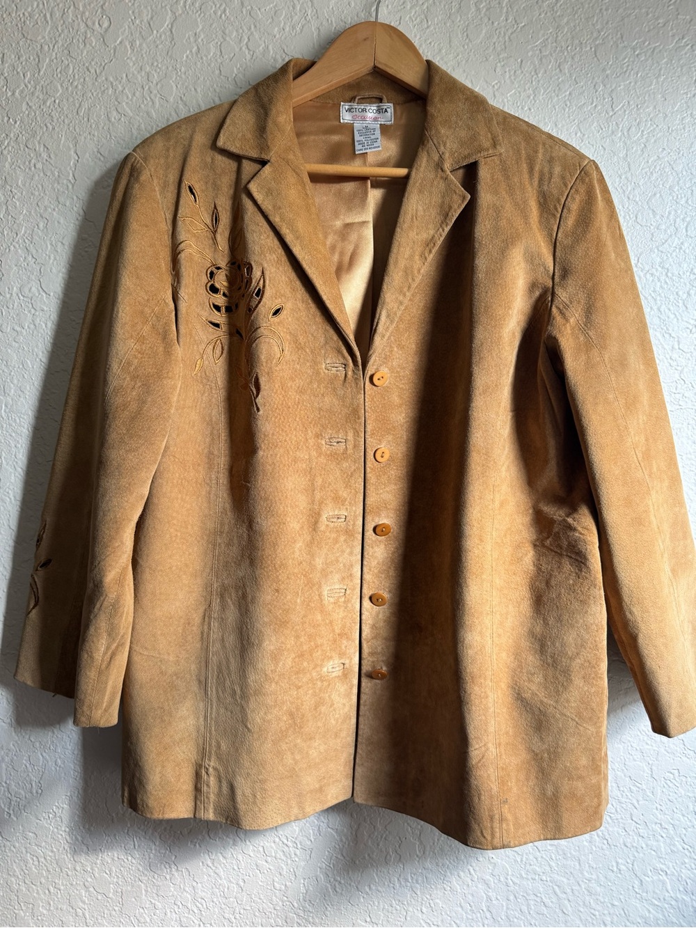 Victor Costa Caramel Suede Blazer with Embroidered Detail